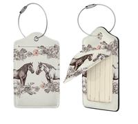 Flowers and Horses Hand Drawn Luggage Tag for Suitcase PU Leather Suitcase Tag with Stainless Steel Loop and Address Card Baggage Tags Cute Bag Name Travel Tags ID Labels for Women Men 1 PC