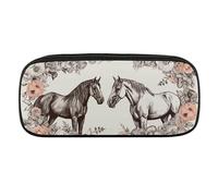 Flowers And Horses Hand Drawn Pencil Case Waterproof Leather Pencil Pouch Multi-purpose Aesthetic Makeup Bag Cute Pen Bag Large Cosmetic Bag for Office Stationery, Travel