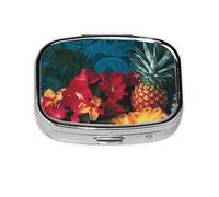 Flowers and Pineapple Print Pill Box Square Pill Case 2 Compartment Small Metal Medicine Organizer Portable Travel Pillbox for Pocket Purse Cute Mini Pill Container to Hold Daily Vitamins