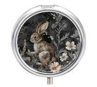 Flowers and Rabbit Pill Box 3 Compartment Travel Pill Organizer 3 Times A Day Cute Mini Pill Case for Purse & Pocket Portable Metal Medicine Box with Mirror Round Daily Medicine Vitamin Container