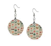Flowers And Red Green Dragonflies Wooden Earrings for Women, Vintage Elegant Wood Jewelry, Lightweight Earrings for Wedding, Party, Everyday Jewelry Gift, Circular, Wood, wood