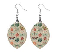Flowers And Red Green Dragonflies Wooden Earrings for Women, Vintage Elegant Wood Jewelry, Lightweight Earrings for Wedding, Party, Everyday Jewelry Gift, Apricot shaped, Wood, wood