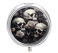 Flowers and Skull Travel Pill Box Case 3 Compartment Cute Pill Organizer Metal Pill Holder with Mirror Small Medicine Organizer Daily Pill Container for Purse Pocket Portable Meds Box