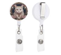 Flowers and White Cat Retractable Badge Reel - Personalized ID Name Badge Holder with Lanyard Cute Badges Reel Holder Round Nurse Doctor Name Tag Badges Clip for Work