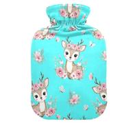 Flowers Animal Deer Teal Hot Water Bottle with Cover for Pain Relief Hot Water Bag for Neck, 1L