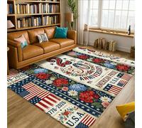Flowers Area Rug, Patriotic Rustic Stars Stripes Anniversary Red Low Pile Sponge Home Floor Rectangle Print Carpet Rugs for Living Room Bedroom Classroom College Dorm Decor 5' X 7'