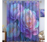 Flowers Art Curtains, Ethereal Peonies 3D Print Pattern Eyelet Thermal Insulated Room Darkening Blackout Window Drapes, for Bedroom Kids Nursery 2 Panels W 66" x L 54", Lavender