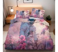 Flowers Astronauts Duvet Cover Set, 3D Reversible Romance Scenery Printed Quilt Cover with Zipper Closure, Soft Easy Care Bedding 200 x 200 cm