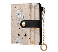 Flowers Beige Moons Print Small Women Wallet Bifold PU Leather RFID Blocking Compact Card Holder with Coin Pocket Zipper Purse for Girls Women Ladies