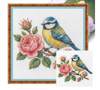 Flowers Birds Full 18CT 2 Strands DIY Stamped Cross Stitch Kits for Beginners Adults Home Wall Decor Cross Stitch Art and Crafts Kits 20x20cm