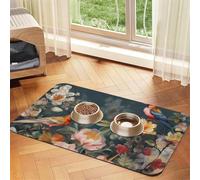 Flowers Birds Pet Feeding Mat Absorbent Pu Leather Dog Cat Food Mats Contain Spills Protects Floors, Anti-Slip Dog Bowl Mats Easy Clean Pet Placemats 30x45cm