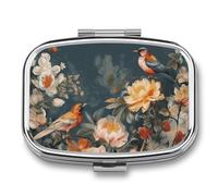 Flowers Birds Pill Box 2 Compartment - Small Metal Medicine Organizer Portable Pill Case for Purse Pocket Travel Vitamin Organizer for Men Women, BPA-Free