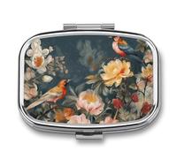 Flowers Birds Pill Organizer Small Pill Box with Two Compartments Pill Case Metal Medicine Organizer Portable Medicine Box Holder Medication Holder Travel Pill Container