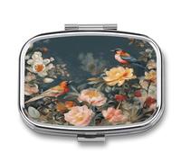 Flowers Birds Pill Organizer with 2 Compartments Metal Square Pill Case Small Pill Box Portable Medicine Box Slim Travel Pill Container Medicine Organizer for Daily Use