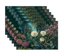 Flowers Birds Plants Placemats Set of 4, Rainforest Cotton and Linen Washable Table Mat, Available Non-slip Heat Resistant Placemats for Dinning Restaurant, Dark Green Place Mats for Table, 45x30cm