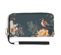 Flowers Birds RFID Blocking Wallet for Women,Clutch With Change Pocket, Wristlet Wrist Strap with Card Slots