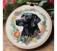 Flowers Black Labrador 11CT Counted Cross Stitch Stamped Preprinted Canvas Cross Stitch Embroidery Kits for Adults DIY Embroidery Needlework Kit Set with Hoop 35×35cm(s05)
