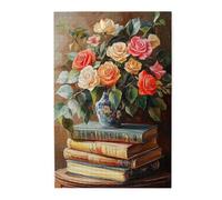 Flowers Blooming On The Pile of Books Wooden Puzzle,1000 Pcs,Literature and Floral Art,Oil Painting Style Still Life,Stress Reduction Games for Adults,Gift for Family and Friends