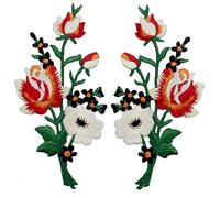 Flowers Bouquet Boho Patch Embroidered Floral Applique Iron On Sew On Rose Emblem, Set of 2 Pcs, Red White