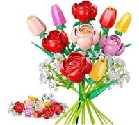Flowers Bouquet Building Set, Office Home Forever 4 Rose 4 Tulips Plant Building Kits, Artificial Decor Gifts for Kids Birthday Adults Women Valentines Mothers Day, Her or Him