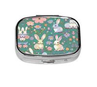 Flowers Bunnies Birds Print Square Metal Pill Box Decorative Pill Case - Carry Your Meds in Style (Rectangular)