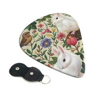 Flowers Bunnies Birds Printed Guitar Picks, 6 Pack with Leather Keychain Pick Holder - 0.46mm, 0.71mm, 0.96mm Assorted Thickness for Acoustic Ukulele, Electric Guitar, Acoustic Guitar, Bass