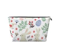 Flowers Bunnies Birds Printed Leather Travel Toiletry Makeup Bag with Silver Zipper for Women on the Go