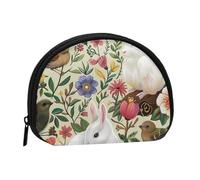 Flowers Bunnies Birds Printed Mini Coin Pouch, Shell Shape Zip Around Wallet, Small Zipper Pouch for Cash, Cards, Keys, Lipstick, Storage Pouch, Travel Organizer