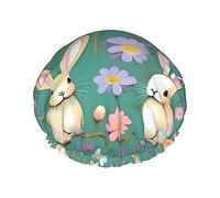 Flowers Bunnies Birds Reusable Shower Cap,Double Layer Water Shower Non Wetting Hair Cap,Large Size For All Hair Lengths
