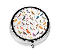Flowers Bunnies Birds Round Pill Box - Full Print Design, Metal Electroplated Compact Medicine Case for Travel, Fits Pockets & Wallets