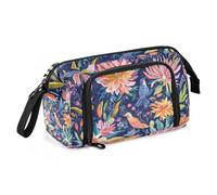 Flowers Cactus Dahlia Birds Navy Blue Large Pencil Case Large Capacity Art Pencil Case Portable Stand Up Pencil Case for Women High School