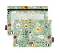 Flowers Cactus Pansy Carnation Green 3 Rings Binder Pencil Pouch Pencilcase with Zipper Set of 2 Recycled Storage Bag Stationery Supplies