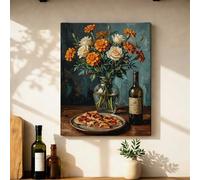 Flowers Canvas Kitchen Wall Art, Rustic Still Life Vase Pizza None Orange Wall Hanging Posters Artwork Prints Apartment Living Room Bedroom Breakfast Nook Decor 16x20 Inch