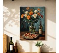 Flowers Canvas Kitchen Wall Art, Rustic Still Life Vase Pizza None Orange Wall Hanging Posters Artwork Prints Apartment Living Room Bedroom Breakfast Nook Decor 12x16 Inch