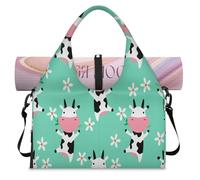 Flowers Cartoon Cow Sports Duffle Bag with Shoe Compartment Cute Cow Weekend Overnight Bags Tote Cabin Luggage Bag for Gym Yoga Travel