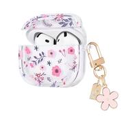 Flowers Case Compatible for AirPods 4 Cover with Love Keychain, Pretty Pink Floral Flower Design for Women Girls Protective Shockproof Clear Soft TPU Cover for AirPods 4th Generation (2024)