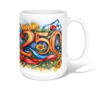 Flowers Ceramic Coffee Mug, Festive Vibrant Ribbons Number Celebration Yellow Novelty Tea Cup with Handle Ideal for Friends Family Co-Worker Lovers Eldership Senior 15 Oz