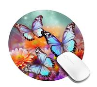Flowers Colorful Butterfly Mouse Pad Waterproof Gaming Mousepad with Non-Slip Rubber Base Round Computer Mouse Mat for Office Latop Mousepads Washable Cloth Desk Pad 8 x 8 in