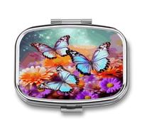Flowers Colorful Butterfly Pill Box Medicine Pill Organizer Small Pill Case Travel Pill Container Portable Pill Case for Pocket 2 Compartment Pill Holder Pill Boxes for Travel