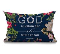 Flowers Cushion Cover Christian Quotes Farmhouse Oblong Rectangle Throw Pillow Case,Bible Verses God is Within Her She Will Not Fall Psalm 46:10 Cotton Linen Pillow Cover for Men Women 12x20 inch