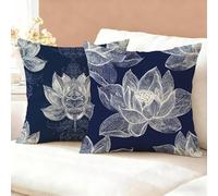 Flowers Cushion Covers 80 x 80 cm Set of 2, Navy Blue Cushions with Hidden Zip, Comfort Soft Square Pillow Cases, Outdoor Waterproof Linen Cushion Covers, Decorative Pillows for Sofa, Bed K6-517