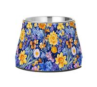 Flowers Daffodils Butterflies Royal Blue Raised Pets Food Bowls Non Skid Stainless Steel Cats Food Bowls for Medium Dogs Whisker Fatigue