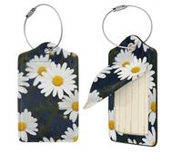 Flowers Daisy Luggage Tag PU Leather Suitcase Tags Identifiers Travel Tags with Privacy Protection and Stainless Steel Loop Luggage Bag Tag for Women Men, Black, 4 pcs