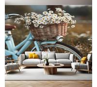 Flowers Daisy Panoramic Mural Wallpaper 390 x 260 cm Light Blue Bicycle Wall Mural Non-Woven Art Print Wallpaper Living Room Bedroom Sofa TV Backdrop Decoration Poster Picture Photo