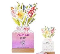 Flowers Desk Calendar 2026 - Creative Floral Desktop Calendar With Wooden Base, Mini Flip Standing Decorative Flower Deskcalendar for Office, Home Decor, Gifts for Valentine's/christmas