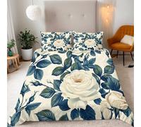 Flowers Double Duvet Set White Flowers And Green Leaves Bedding Set Soft Microfiber 3 Piece Bedding Teenager Room Decoration Duvet Covers with 2 Pillow Case (Double，200x200cm)
