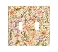Flowers Double Light Switch Cover Plate, Floral Natural Bees Branches Spring Pastel Plastic Standard Size Wall Switch Plates Accents for Living Room Bedroom Home Office Decor