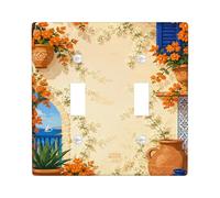 Flowers Double Light Switch Cover Plate, Mediterranean Rustic Pots Window Summer Orange Plastic Standard Size Wall Switch Plates Accents for Bedroom Bathroom Kitchen Entrance Decor