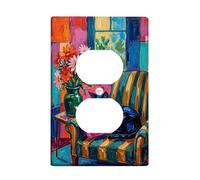 Flowers Duplex Outlet Covers Wall Plate, Contemporary Colorful Cat Chair N/a Green Plastic Standard Size Wall Plates for Electrical Outlets for Home Living Room Bedroom Bathroom Decor