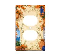 Flowers Duplex Outlet Covers Wall Plate, Mediterranean Rustic Pots Window Summer Orange Plastic Standard Size Wall Plates for Electrical Outlets for Home Living Room New Apartment Decor